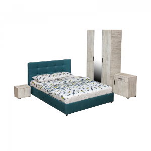 Set dormitor ECONO, 5 piese, pat 140x200 cm, dulap 3 usi, comoda, 2 noptiere, pin antichizat + turcoaz