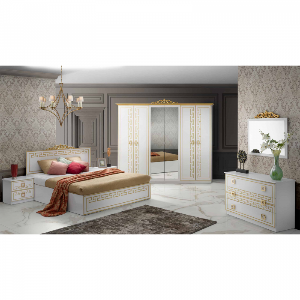 Set Dormitor OLIMP, 6 piese, pat 160x200 cm, dulap 6 usi, comoda cu oglinda, 2 noptiere, corp alb, fronturi auriu