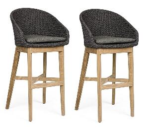 Set 2 scaune de bar pentru terasa, din material textil si lemn de tec, Coachella Antracit / Natural, l56xA57xH110 cm