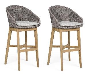 Set 2 scaune de bar pentru terasa, din material textil si lemn de tec, Coachella Gri Deschis / Natural, l56xA57xH110 cm