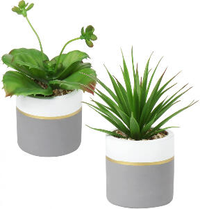 Set de 2 plante artificiale Briful, plastic/ciment, verde/alb/gri, 15 cm