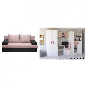 Set dormitor tineret Macius alb + sonoma, 300x52x197 cm si canapea extensibila ANA, roz, 185x82x80 cm