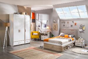 Set Mobila dormitor din pal pentru tineret 5 piese Dynamic White / Natur, 200 x 120 cm