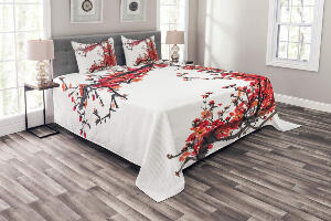 Set cuvertura de pat si 2 fete de perna ABAKUHAUS, poliester, alb/maro/rosu, 220 x 220 cm