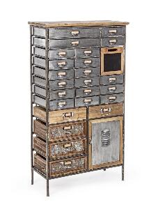Cabinet din lemn de pin si metal, cu 25 sertare si 1 usa Officina Gri / Natural, l76,5xA32xH132,5 cm