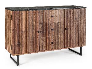 Comoda din lemn de salcam, marmura si metal, cu 3 sertare si 2 usi Norfolk Natural / Negru, l120xA38xH85 cm