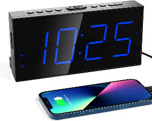 Ceas desteptator cu alarma Mesqool, digital, plastic ABS, negru, incarcare USB, 5 niveluri de luminozitate si 4 niveluri de volum