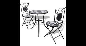 Masa bistro mozaic 60 cm, 2 scaune, negru/alb