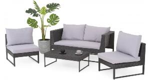 Set mobilie exterior poliratan cu 2 fotolii, canapea si masuta LIONI negru/gri