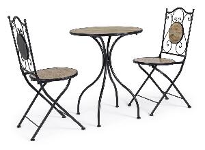 Set masa + 2 scaune pliabile pentru gradina / terasa, din ceramica si metal, Kansas Natural / Negru, Ø60xH75 cm