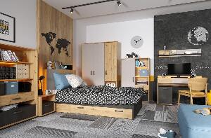 Set Mobila dormitor din pal, pentru copii, 8 piese, Qubic Stejar Artisan / Gri / Negru, 200 x 120 cm
