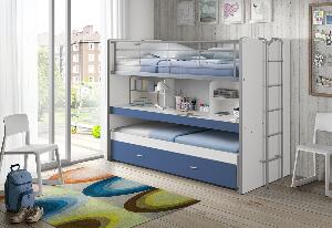 Pat supraetajat din pal si metal cu birou incorporat si sertar, pentru copii Bonny Alb / Albastru, 200 x 90 cm