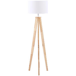 HOMCOM Lampă de podea cu trepied din lemn, lampă de podea modernă cu abajur din material textil alb, E27, 45x45x147cm