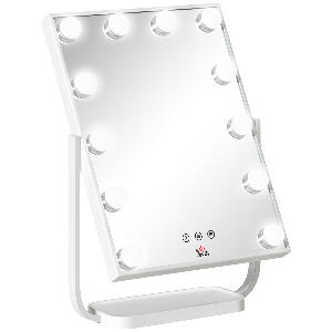 HOMCOM Oglinda pentru make-up, cu iluminare, stil Hollywood, oglinda de masa cu 12 lumini LED luminozitate reglabila, alb
