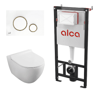 Set vas WC suspendat Fluminia Minerva Alb cu rezervor Alcadrain si clapeta alb si auriu