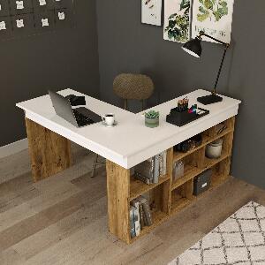 Masa de birou din pal, cu biblioteca, Tywin CT5-AW Alb / Natural, L120xl129xH72 cm