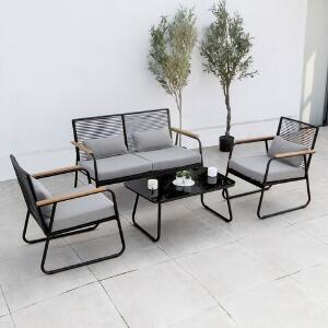 Set mobilier gradina/terasa, 2 fotolii + canapea + masuta, otel, negru/gri