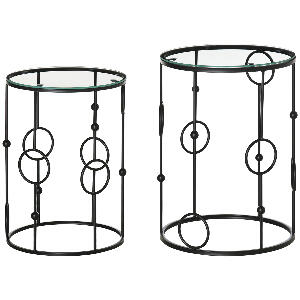 HOMCOM Set de 2 masute de cafea stivuibile din metal si sticla securizata Ø41x57cm si Ø36x51cm, negru | AOSOM RO