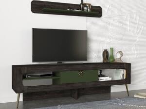 Comoda TV cu raft de perete Milandra, Talon, 180 x 55 cm/120 x 19.5 cm, negru/verde
