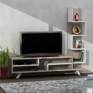 Comoda TV cu raft, Wooden Art, Isabel White Cordoba, 149.5x120x29.5 cm