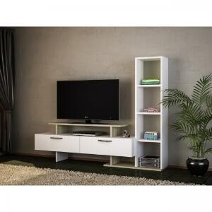 Comoda TV cu raft, Wooden Art, Minel White Cordoba, 148.6x121.8x29.5 cm