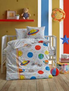 Lenjerie de pat pentru copii, 4 piese, 100x150 cm, 100% bumbac ranforce, Cotton Box, Gezegen, alb