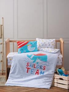 Lenjerie de pat pentru copii, 4 piese, 100x150 cm, 100% bumbac ranforce, Cotton Box, Sailor, albastru