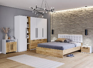 Set Mobilier Dormitor Complet Timber Tapiterie Alba - Configuratia 7