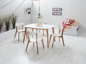 Set masa din MDF si lemn Mosley I Alb / Stejar + 4 scaune din lemn si MDF Mosley II Alb / Stejar, L120xl75xH75 cm