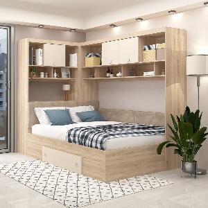 Dormitor colt ALESSIO, configuratia ALE1, Sonoma, Vizon, piele texturata Bej