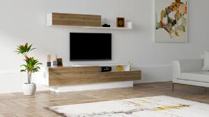 Comoda TV cu raft, Puqa Design, Elda, pal melaminat, alb/nuc