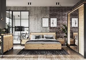 Set Mobila Dormitor din pal, cu pat 200 x 160 cm, 5 piese Quant Stejar Artisan / Negru