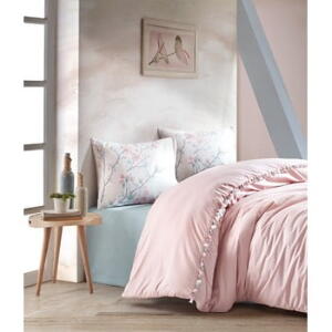 Lenjerie de pat din bumbac cu cearșaf Cotton Box Linda, 200 x 220 cm, roz pudră
