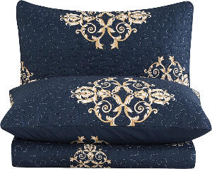 Set cuvertura de pat si 2 fete de perna VIVILINEN, poliester/bumbac, albastru inchis/alb/auriu, 170 x 210 cm