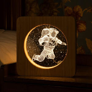 Veioza OSVINO, LED, model astronaut, lemn masiv, natur, 19 x 19 x 3 cm