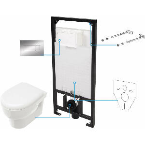 Set vas WC suspendat Deante Avis alb cu cadru de toaleta, rezervor ascuns si cu buton de actiune crom