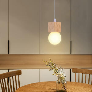 Lampa pandativ Lightess, lemn/metal, natur/alb, 6 x 6 cm / 120 cm reglabil
