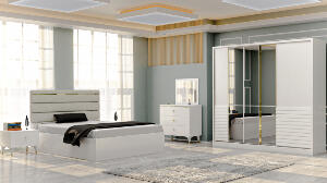 Set Dormitor DALYAN, 5 piese, pat 160 x 200 cm, dulap usi glisante, comoda, 2 noptiere, corp alb, fronturi alb