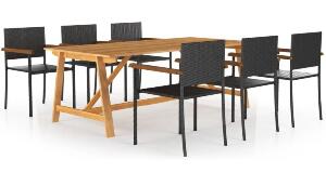 Set mobilier de gradina, dining, 6 locuri si masa, poliratan si lemn, negru