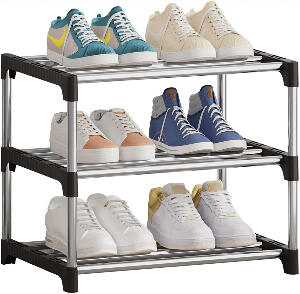 Pantofar cu 3 rafturi NIAWECAN, plastic/metal, negru/argintiu, 42 x 25 x 38cm