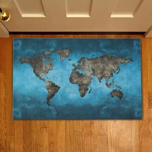 Covoras de intrare World map, Casberg, 38x58 cm, poliester, albastru