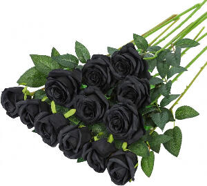 Set de 12 trandafiri artificiali Hawesome, matase/plastic, negru/verde, 52 x 7 cm