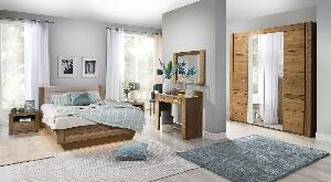Set Mobila Dormitor din furnir si pal, cu pat 200 x 140 cm, 6 piese Velvet Stejar Rustic / Bej