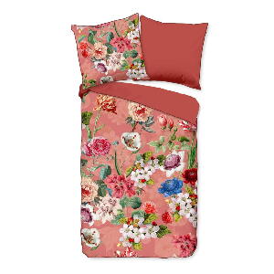 Lenjerie de pat din bumbac organic pentru pat de o persoană Descanso Flowery, 140 x 220 cm, portocaliu