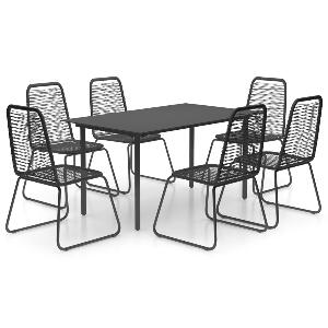 Set masa de gradina / terasa din sticla si otel, Morris Negru + 6 scaune de gradina din ratan PVC si otel, Rin Negru, L150xl80xH74 cm