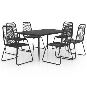 Set masa de gradina / terasa din sticla si otel, Nixon Negru + 6 scaune de gradina din ratan PVC si otel, Rin Negru, L150xl90xH74 cm