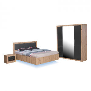 Set dormitor OSLO, 4 piese, pat 160x200 cm cu banda led, dulap 4 usi, 2 noptiere, artisan + gri antracit