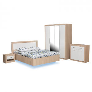 Set dormitor OSLO, 5 piese, pat 160x200 cm cu banda led, dulap 4 usi, comoda, 2 noptiere, kiruna + alb lucios
