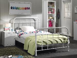Set Mobila dormitor din lemn de pin si MDF cu pat metalic, pentru tineret 3 piese New York Alb, 200 x 120 cm