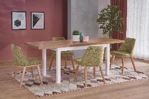 Set masa extensibila din pal si MDF Tiamera 2 Stejar / Alb + 4 scaune tapitate Paolina Verde Olive / Stejar, L140-220xl80xH76 cm